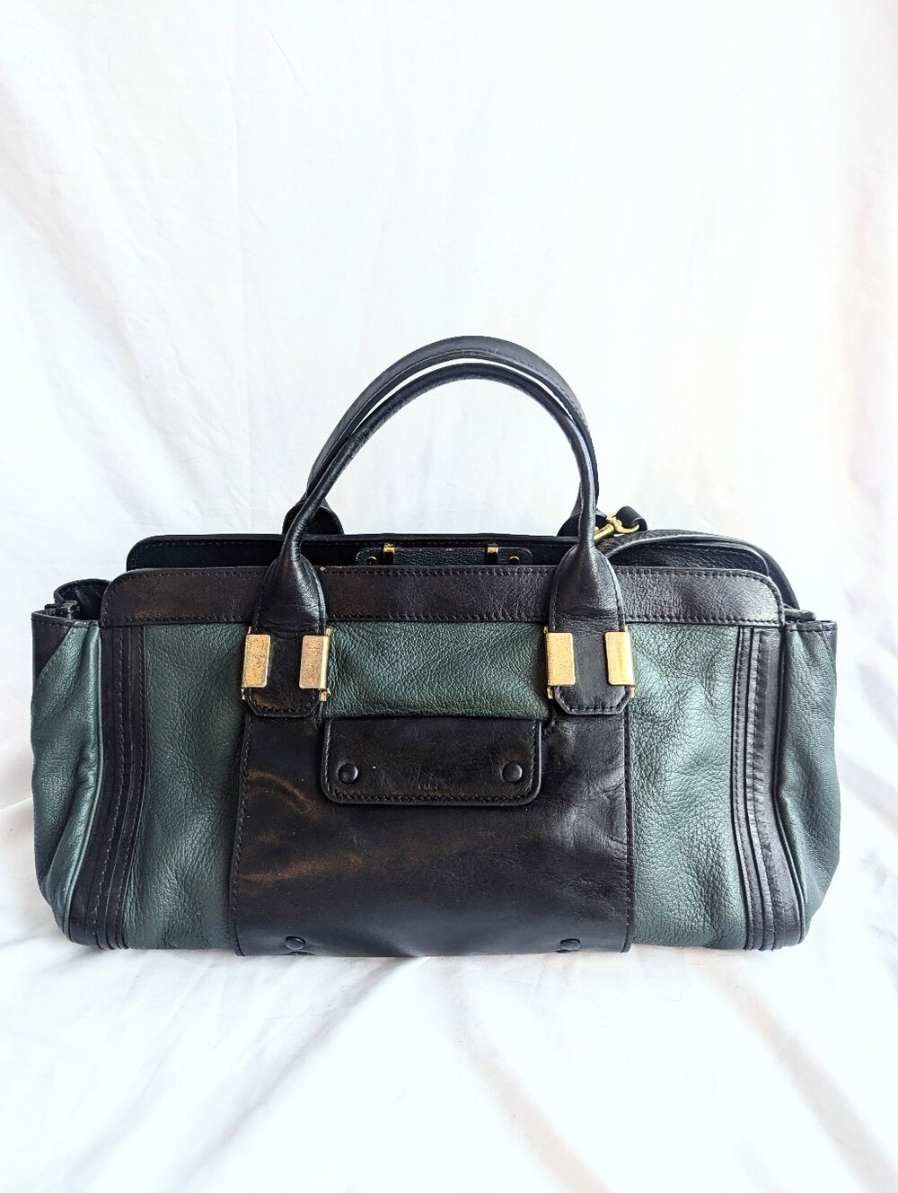 Chloé Alice Duffle Leather Satchel Bag Black Green Gold Hardware Made in Italy
